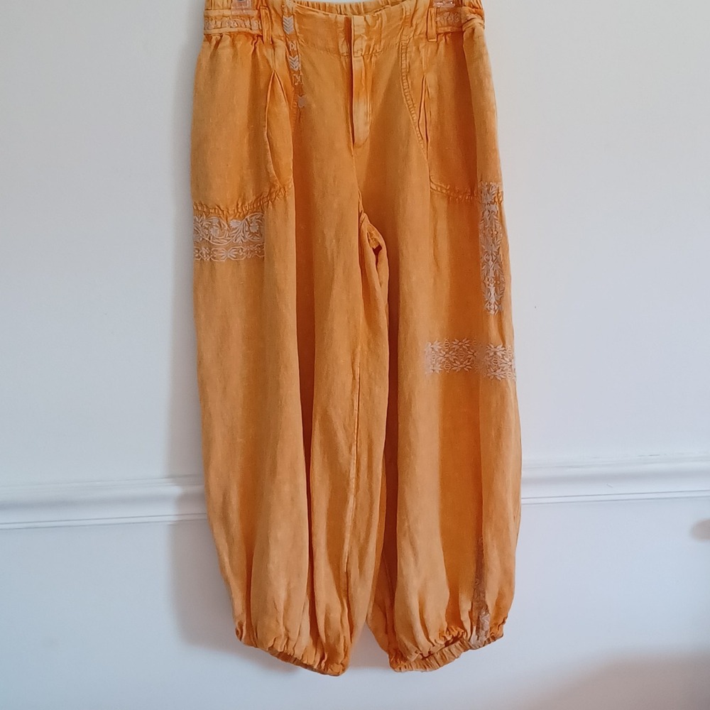 By Anthropologie Embroidered Parachute Pants Linen Blend Boho Mango Mojito Sz S
